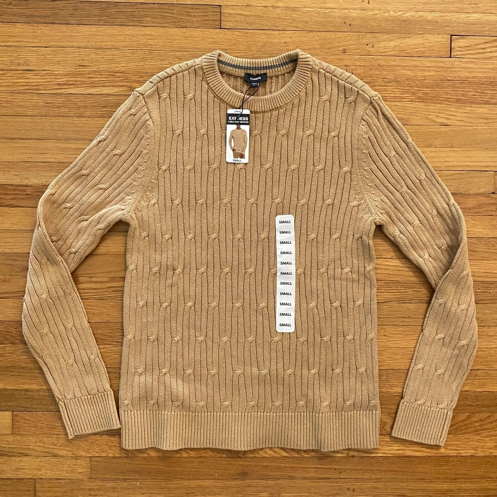 Express Cable Knit Sweater Mens Small Pecan Tan Crewneck Pullover NWT - Picture 1 of 11
